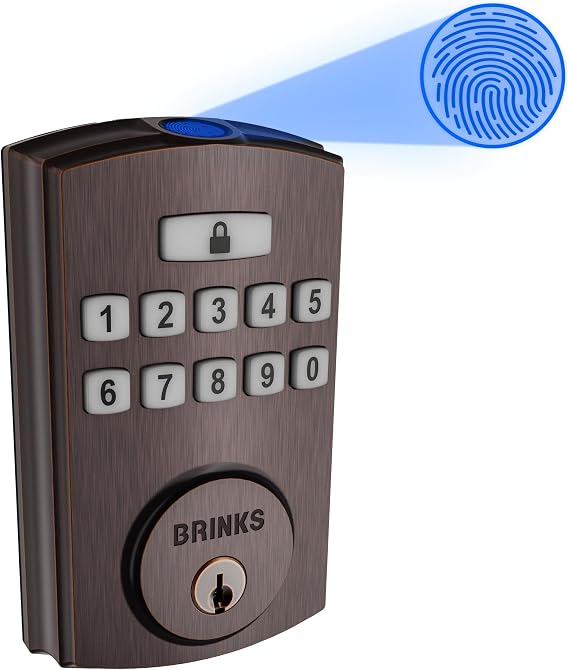 Brinks Fingerprint Door Lock, Keyless Entry Biometric Lock, Electronic Keypad Fingerprint Deadbolt with Auto-Locking, Front Door Lock and Interior Knob Set, Easy Installation, Tuscan Bronze