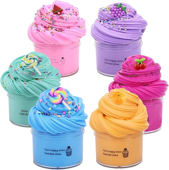 6 Pack Fluffy Butter Slime Kit, Include 6 Pack Cute Mini Charms, DIY Butter Slime Party Gift,Super Soft and Non-Sticky, Stress Relief Toy for Girls and Boys