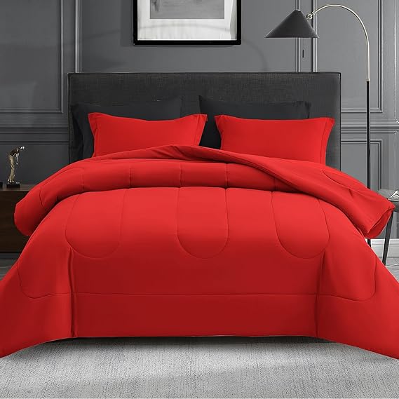 Maple&Stone Twin Comforter Set 5 Pieces Bed in a Bag Red & Black Bed Set | Two-tone Design, Down Alternative Comforter Set with Sheets, Pillowcases & Shams, Comfortable All Season