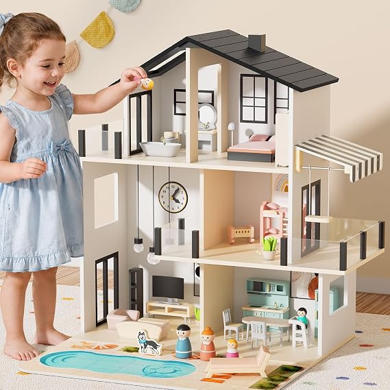 BIERUM Wooden Dollhouse for Girls, Doll House with 5 Rooms DIY Play Toys