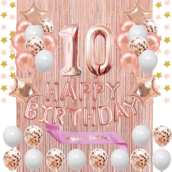 Fancypartyshop 10th Birthday Decorations - Rose Gold Happy Birthday Banner and Sash with Number 10 Balloons Latex Confetti balloons Ideal for Girl 10 years old birthday (10th birthday)