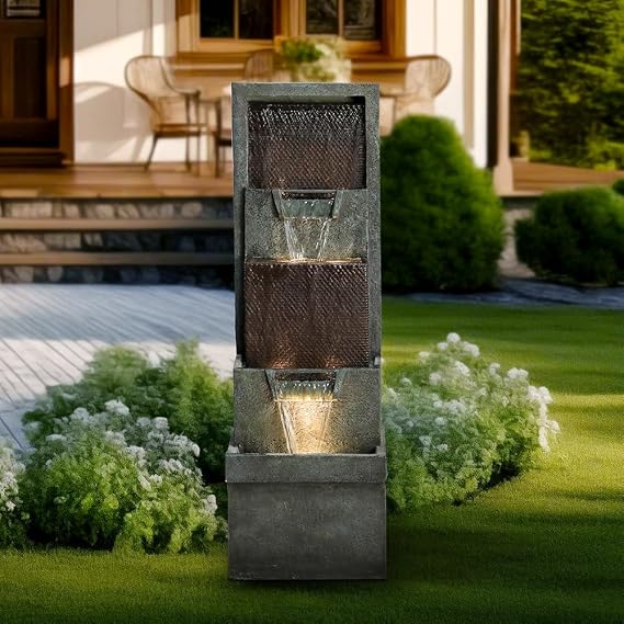 39.3" Outdoor Garden Water Fountain - Outdoor/Indoor Waterfall Floor-Standing Fountains with LED Lights for Yard, Floor Patio, Backyard and Home Art Deco