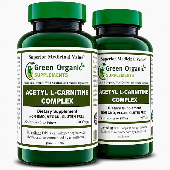 Green Organic Supplements Acetyl L-Carnitine, Carnitine, ALC, High Absorbable, Non-GMO, Gluten-Free (Pack of 2)