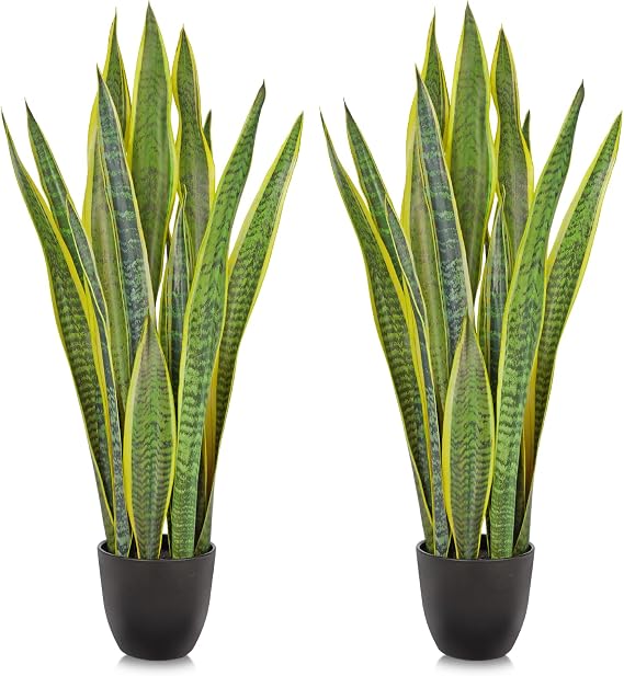 Hollyone 2 Set Artificial Snake Plant Potted, 28 Inch Faux Sansevieria Trifasciata Plants Large Tall Tropical Fake Snake Plants Tree in Black Pot for Home Office Room Patio Garden Indoor Outdoor Decor
