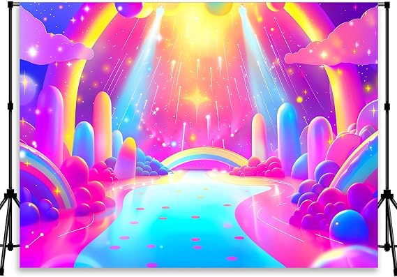 Rainbow Dreamland Path Backdrop Glowing Light Beam Cloud Decor Photo Booth Props Candyland Fantasy Theme Background for Kids Birthday Photography