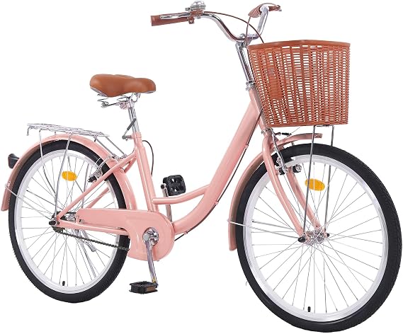 Hybrid Bikes for Women, 24/26 inch Adult Bicycles Lightweight Hi-Ten Steel Frame Road Bike Single Speed with Rear Rack and Basket, Commuter City Bike, Comfort Lady Bicycle, Vintage Adult Bike