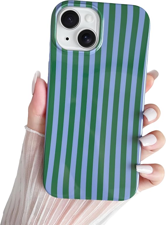 for iPhone 13 Case Cute Striped Phone Case Soft TPU Slim Shockproof Phone Cover for Women Girls Beautiful and Stylish, Green and lavender