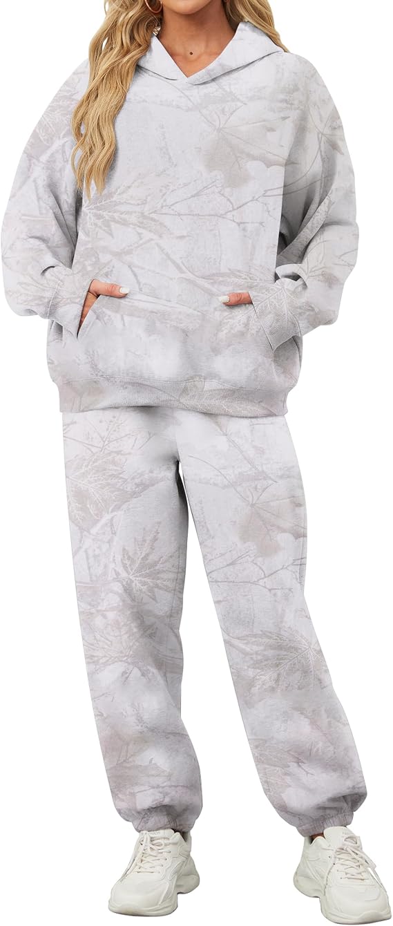 Eutten Camo Sweatsuits for Women Set 2 Piece Camo Hoodies Maple Leaf Print Oversized Sweatshirt Lounge Sets Fall Outfits