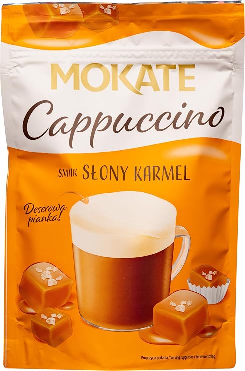 Instant Cappuccino with Salted Caramel Flavor Premium Coffee Drink Mix with Sweet Creamy Foam, Rich Caramel Coffee Powder, Instant Cafe Mokate-Style Beverage, Gourmet Flavored Cappuccino, 110g / 3.9oz