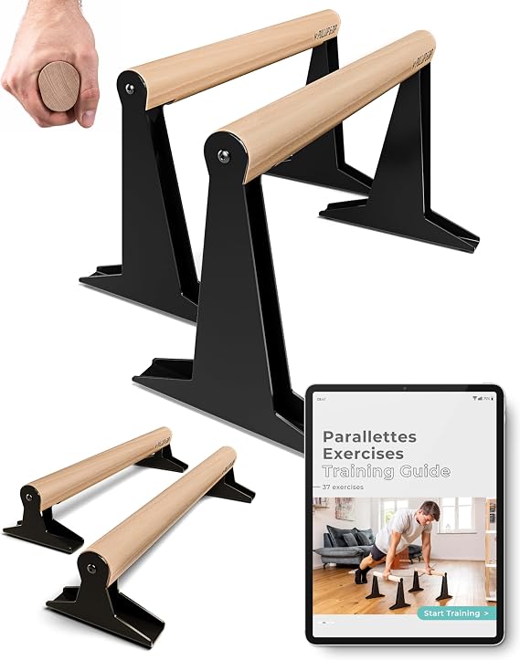 PULLUP & DIP Wooden Parallettes, Low or Medium Gymnastic Bars Handstand Bars with Ergonomical Wooden Handle, Parallette Bars for Calisthenics