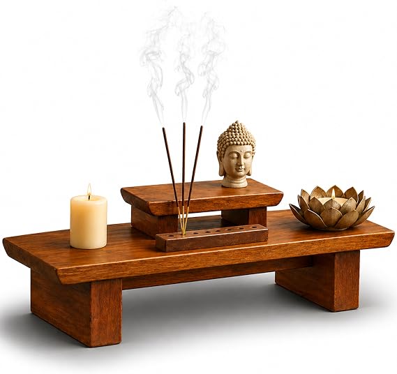 Meditation Altar table – 21 x 7.5 x 6 Inch Handmade Tiered Puja Table for Relaxation, Prayer - Buddha Shrine Altar Made of Solid and Rich Mango Wood