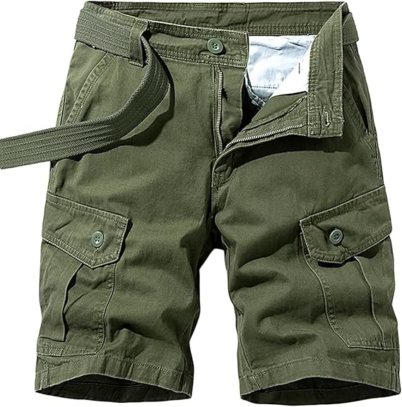 Men's Cargo Shorts Cotton Casual Shorts Multi-Pockets Outdoor Shorts Elastic Waist Work Shorts with Belt