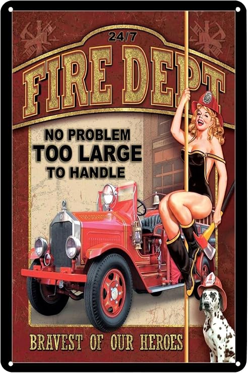 Fire Dept Firefighter Pin Up Girl Metal Poster Sexy Woman Dog Tin Sign Wall Art Decor Plaque for Home Bar Club Cafe Man Cave Garage 8x12 inch