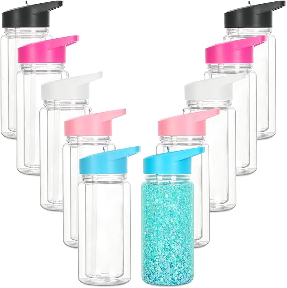 10 Pack 10 Oz Plastic Snow Globe Tumbler for Kids with Pre-Drilled Hole and Plug, Leak Proof Double Wall Snow Globe Sports Water Bottle with Portable Handle for Glitter DIY Gift, Mixed Color