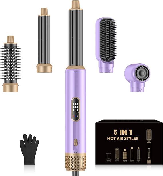 5 in ONE Blow Dryer Brush with LCD Display, Upgrade Hair Dryer Brush Air Curling Wrap Styler, Ionic Round Brush Blow Dryer for Women, Hot Air Brush Hair Styling Tools 100-120V
