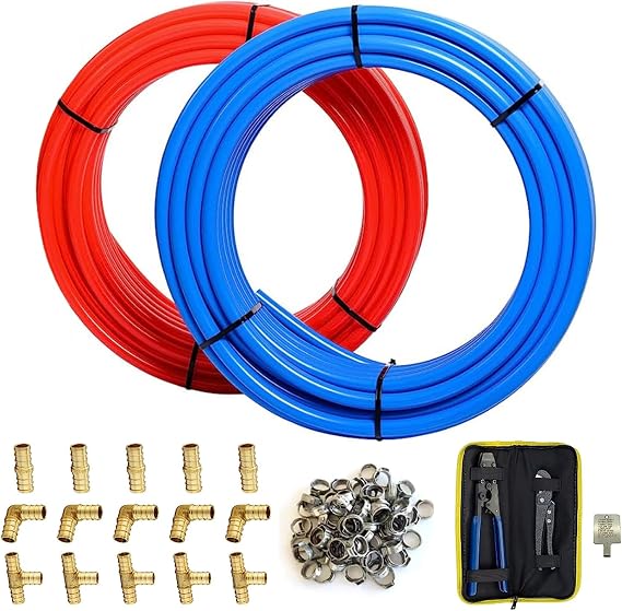 1/2 Inch PEX-B Pipe/Tool Kit | 2X100 Feet(200ft)PEX Tubing,1/2"PEX Fitting Elbow Tee Coupler(15PCS),Clamp Ring(50PCS),Clamping Tool,Cutter