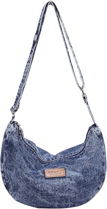 Denim Purses for Women, Dumpling Crossbody Bag Lightweight Jean Hobo Shoulder Bag with Adjustable Strap and Zip