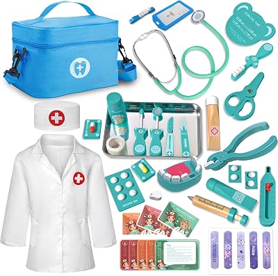 Doctor Kit for Toddlers 3-5, Wooden Kids Dentist Play Set, Doctor Play Set Pretend Play Toys for Toddlers , Realistic Wooden Medical Kit Role Play Set, Gifts for Boys Girls 3 Years