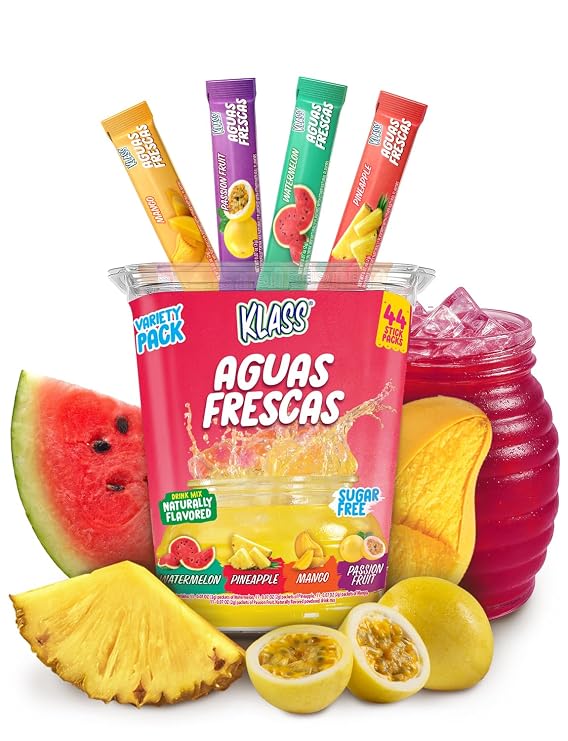 Klass Aguas Frescas, Powdered Drink Mix Variety Pack, 44 Singles Zero Sugar & Caffeine-Free Powder Packets, Water Drink Mix, Flavors: Mango, Watermelon, Pineapple & Passionfruit - 5 Calories Per Packet & Natural Flavors