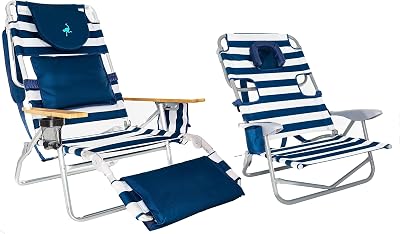 Ostrich Portable Deluxe 3-in-1 Padded Sports Chair w5 Positions and Footrest & On-Your-Back Outdoor Camping Recliner w5 Positions, Blue Stripe
