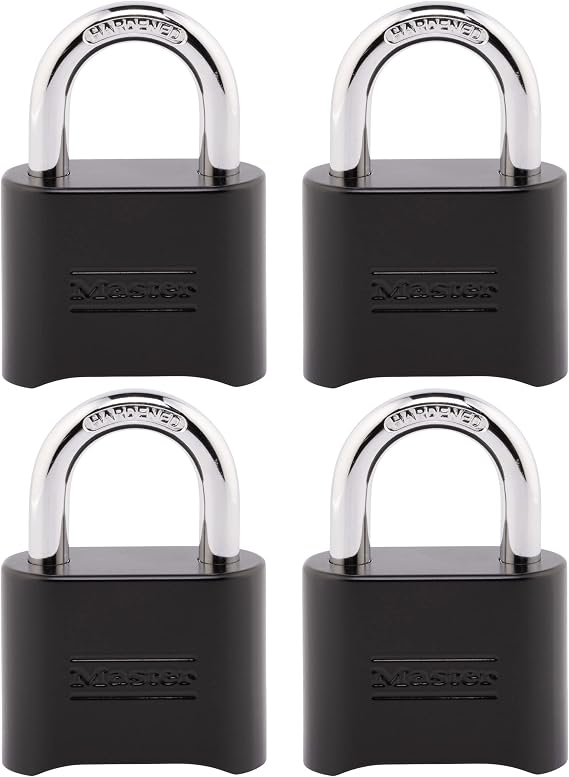Master Lock Siyah Şifreli Kilit, Özelleştirilebilir Combo Asma Kilit, Kapalı ve Açık Hava Koşullarına Dayanıklı Kilit, Kapılar, Dolaplar, 4 Paket, 178EC4 için Sıfırlanabilir Kodlu