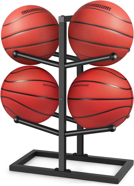 HOOTO Basketball Rack, Basketball Racks for Balls, Metal Ball Racks for Basketballs Soccer Volleyball Organizers Storage Rack (Black)