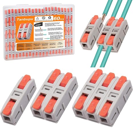 60PCS Lever Wire Connectors, Mini Quick Connectors Electrical Splicing Kit Push-in, Electrical Wire Butt Splice Inline Terminals for Various Circuits, AWG 24-12, 1 in 1 Out
