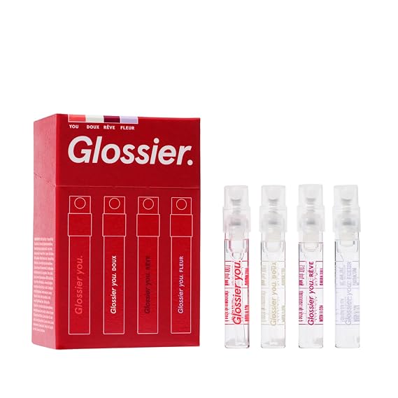 Glossier You Mini Wardrobe Fragrance Set - 4 Unisex Travel Size Eau de Parfum for Women & Men - Skin-Scent Enhancer Perfume Sampler, Smells Different on Everyone - You, Fleur, Doux, Reve - 1.5ml Each