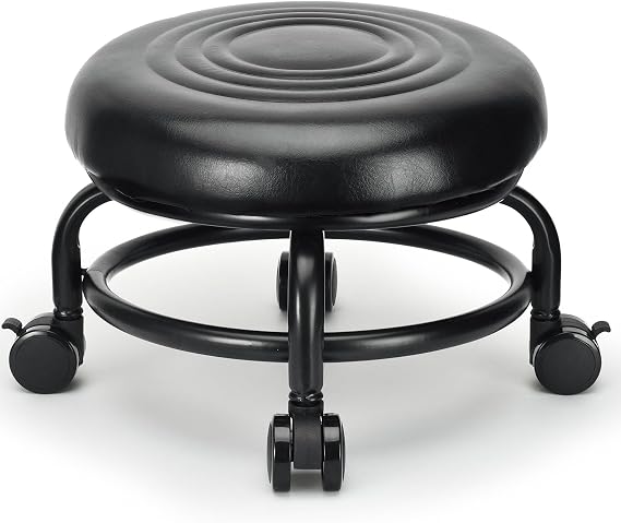 Low Height Rolling Stool Low Roller Stool PU Leather Comfortable Chair, Modern Low Rolling Stool for Home Office Garage Shop