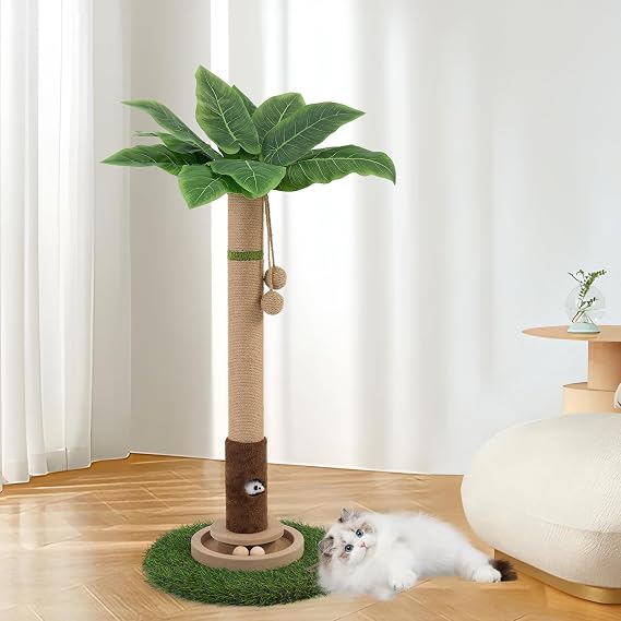 WOOCHPET Cat Scratching Post for Indoor Cats 35" Tall, Sisal Cat Scratcher with Mouse Toy and Track Balls, Wooden Base (Green)