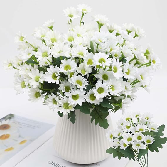 Artificial Sunset Mums, Artificial Outdoor Sunset Mums Flowers - UV Resistant, Waterproof, Windproof, Realistic Fall Faux Flowers for Outdoor Planters for Porch Garden Patio Decor (5, White)