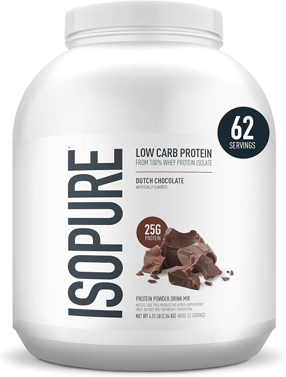 Isopure Low Carb 100% Pure Whey Isolate Protein Powder, Gluten Free, With Vitamins, Dutch Chocolate, 25g Protein Per Serving, 4.5 Lbs, 62 Servings (Packaging May Vary)