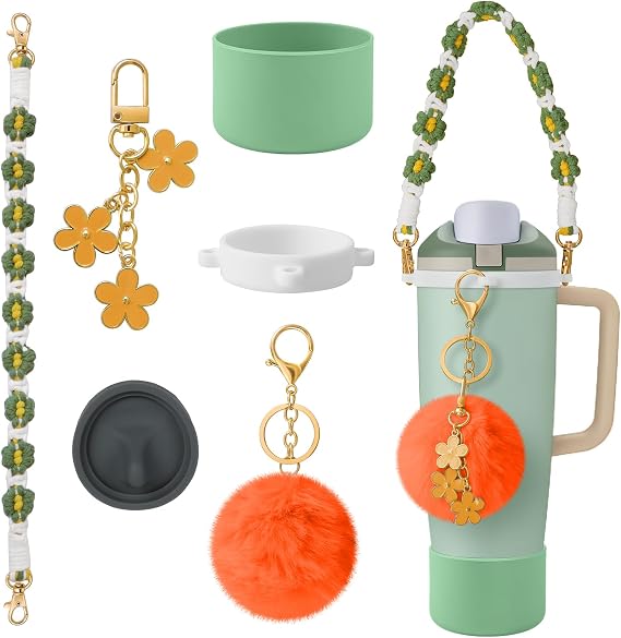 6Pcs Accessories Set Compatible with Owala 30oz & 40oz FreeSip Sway Bottles & Tumblers, Silicone Boot, Handle Strap, Replacement Stopper, Flower Charm, Plush Ball for Owalaa