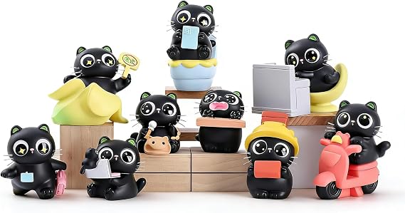 Office Life of Little Black Cat Series Blind Box Series Action Figures, Cute Delicate Kitten Mystery Box, Collectible Toys Home Decorations, Holiday Birthday Gifts, Single Box