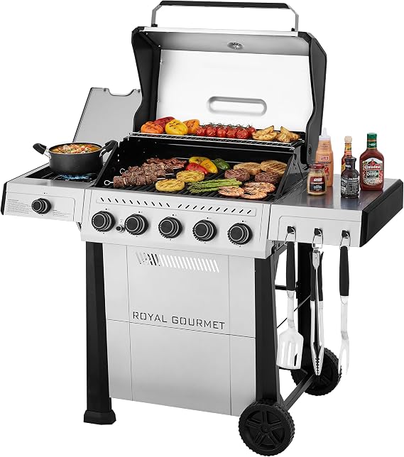 Royal Gourmet GA5201S 5-Burner Gas Grill with Versatile Side Burner, Silver