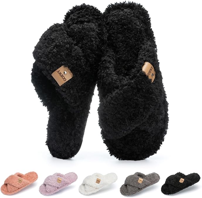 GOEWY Fuzzy Open Toe Slippers for Women Cozy Memory Foam House Shoes Indoor