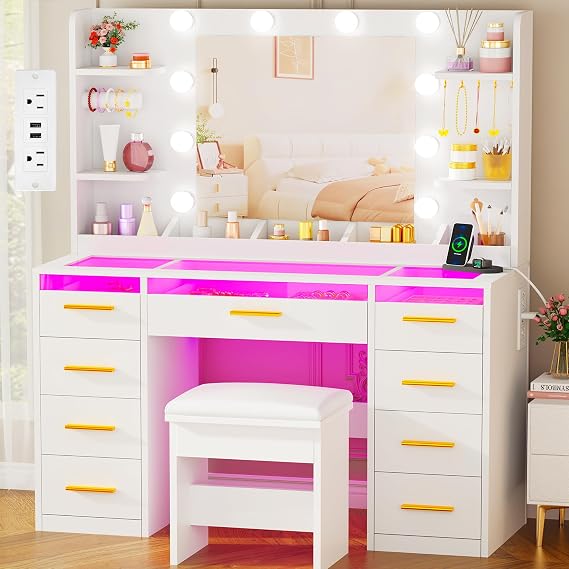 ANWBROAD Large Vanity Desk with Mirror and Lights & Transparent Glass Top
