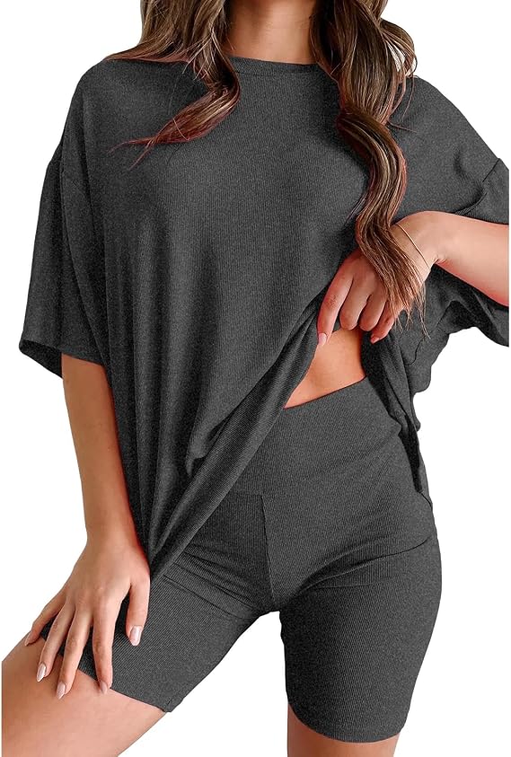 Two Piece Short Set for Women Summer Short Sleeve Baggy Shirts Tops High Waisted Leggings Shorts Gym Yoga Outfits Set