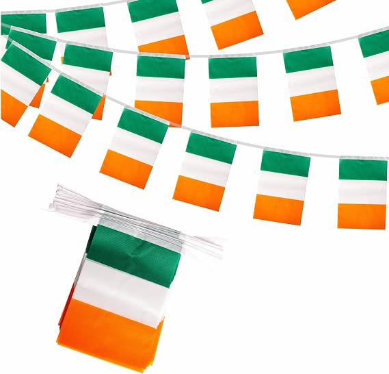 Ireland Flag Bunting 30pcs/10m Double-Sided Polyester Irish Bunting Flags- St Patrick's Day Decorations, Six Nations Rugby, Euro/World Cup Football Party, Weatherproof Indoor/Outdoor Éire Pennant