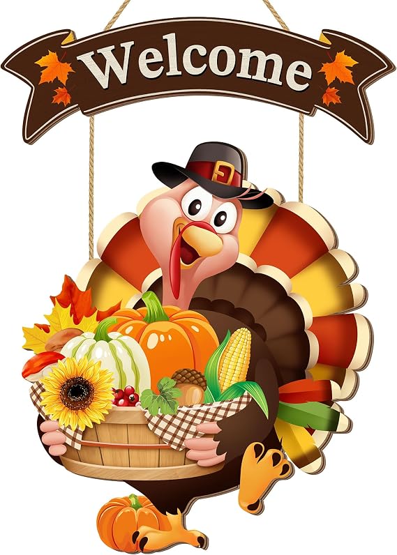 Thanksgiving Turkey Welcome Door Sign Decor, Wooden Wreath for Front Door Hanger, Yard Farmhouse Home Gobble Sign, Give Thanks Rustic Autumn Harvest Sunflowers Pumpkins Thanksgiving Party Decor