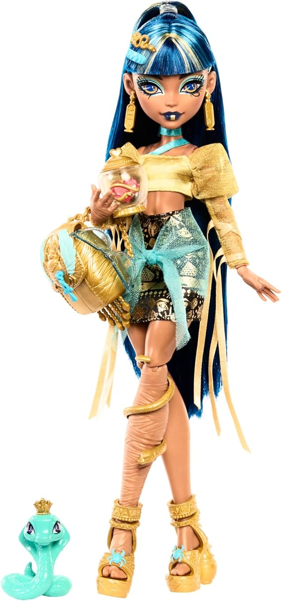 Monster High Cleo De Nile Doll in Gold Blouse and Layered Skirt Includes Pet Cobra Hissette and Accessories such as Backpack Snack and Paper Roll HXH74