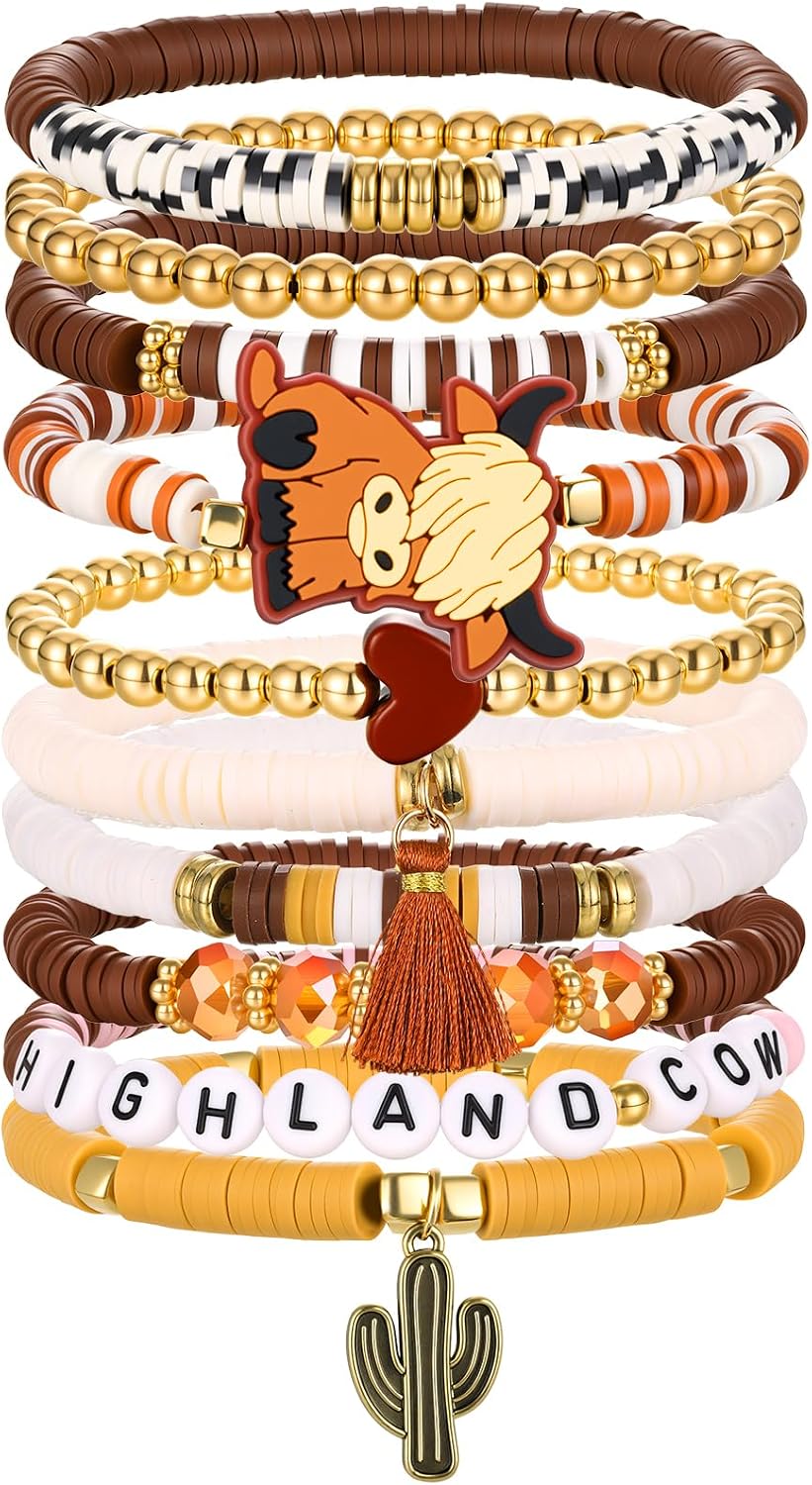 Leitee 10 Pcs Highland Cow Gifts for Women Heishi Surfer Bracelet Polymer Clay Stretch Bracelets Jewelry Party Favor Supplies