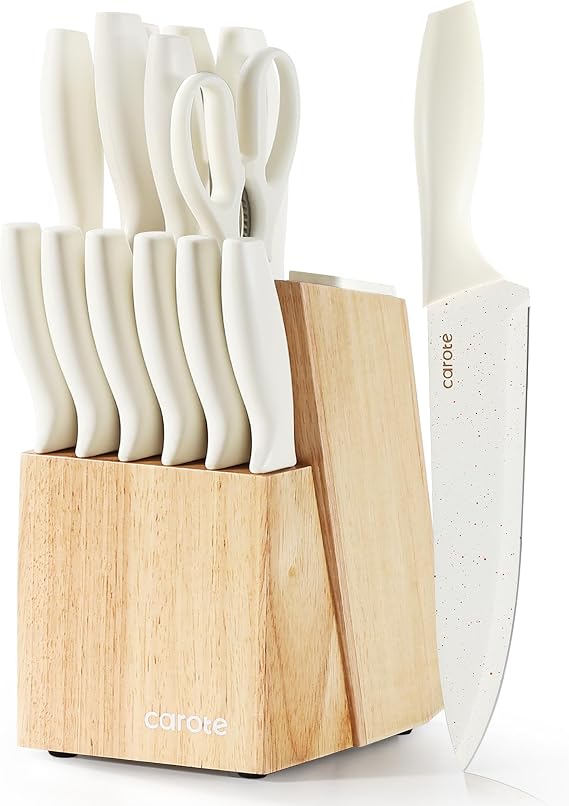CAROTE 15-Piece Knife Set, Wood Block with Built-In Sharpener, Cream