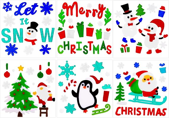 XIMISHOP 6pcs Christmas Gel Window Clings Sticker for Xmas Window Decors