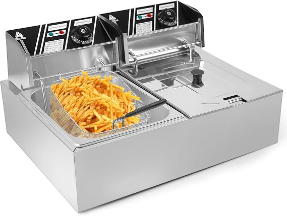 Commercial Electric Deep Fryer, 12L Dual Tank Stainless Steel Countertop Deep Fryer with 2 Baskets & Lids, 5000W Restaurant Deep Fryer with Independent Temperature Control for Restaurant Snack Bar