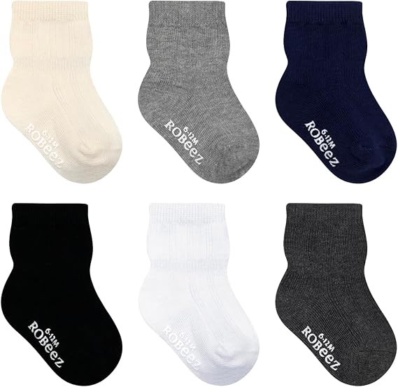 Robeez Baby Boys & Girls Unisex Slip-Resistant Crew Socks for Infant and Toddler, 6 Pairs, 0-24 Months