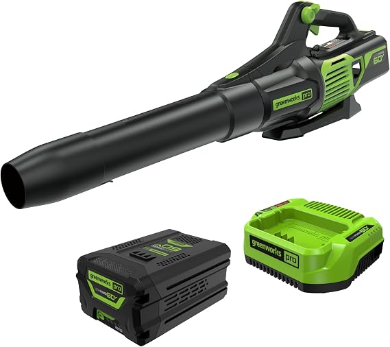 Greenworks 60V Electric Leaf Blower, 610 CFM, 2.5 Ah Battery and Charger