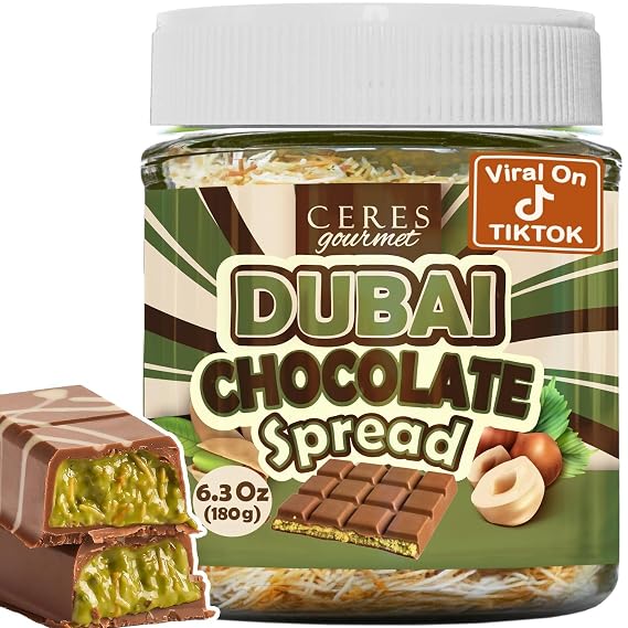 Dubai Chocolate Spread 6.3 oz Jar with Pistachio, Kataifi & Gourmet Dubai Chocolate Filling for Pancakes, Breakfast, Snacks, and Desserts