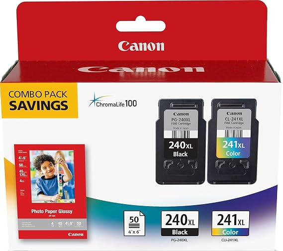 Canon PG-240 XL / CL-241 XL Genuine Ink Value Pack (2 Cartridges) with 50-Sheet Photo Paper, Compatible with MG2120/3120/4120/2220/3220/4220/3520/3620, MX372/392/432/452/472/512/522/532, TS5120