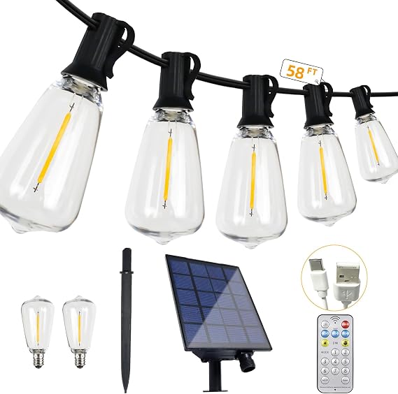 50 ft 25 Warm White ST38 Edison Bulb LED Outdoor String Light Solar-Powered | 8 Modes Solar-Powered Patio String Lights with Remote, 27 Shatterproof Bulbs